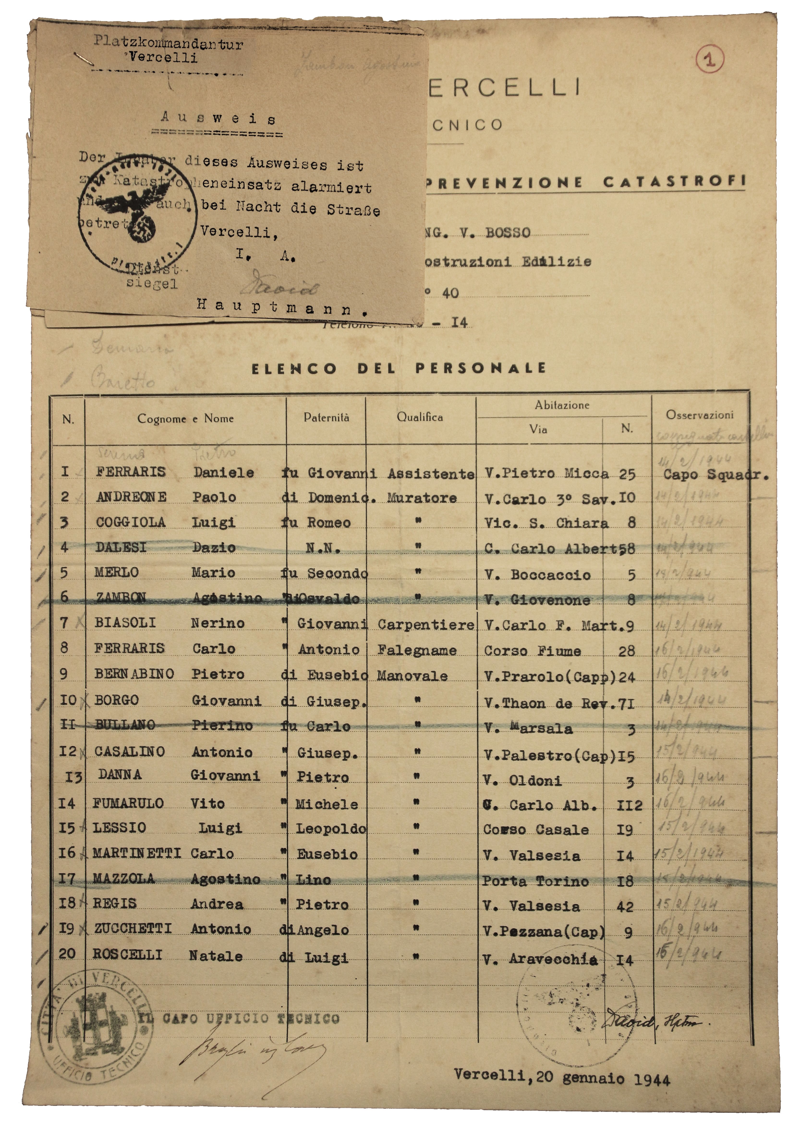 Documento firmato dal Platzkommandatur David a capo del comando tedesco di Vercelli Documento firmato dal Platzkommandatur David a capo del comando tedesco di Vercelli